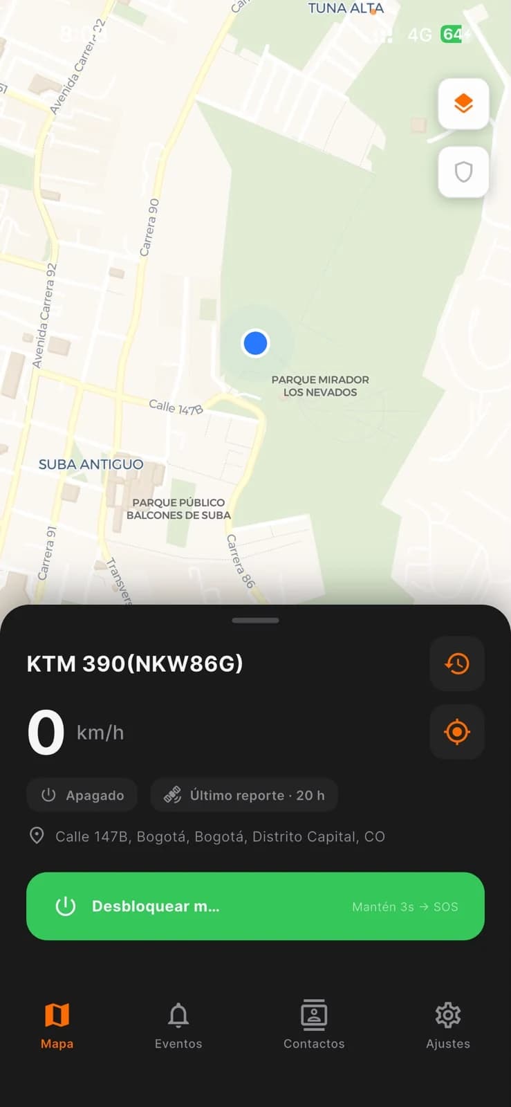 App Nivix mostrando la ubicación del vehículo en el mapa, con velocidad y estado del motor