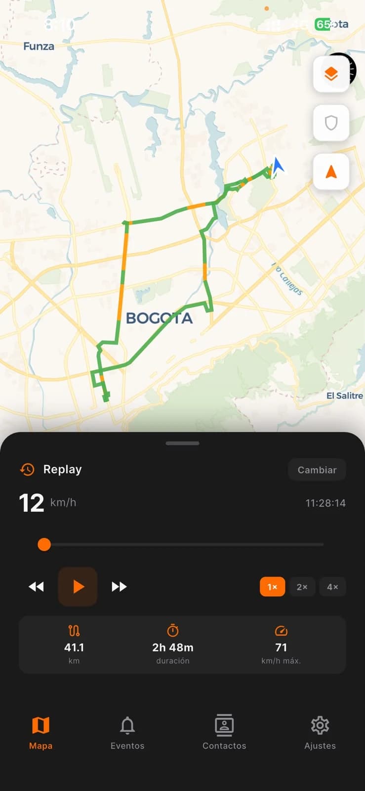 App Nivix reproduciendo el recorrido de un día con distancia, duración y velocidad máxima